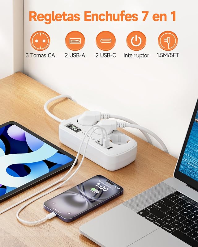 Regletas Enchufes con USB, Protección Sobretensión, 3 Tomas con Interruptor — foto 2 de 7