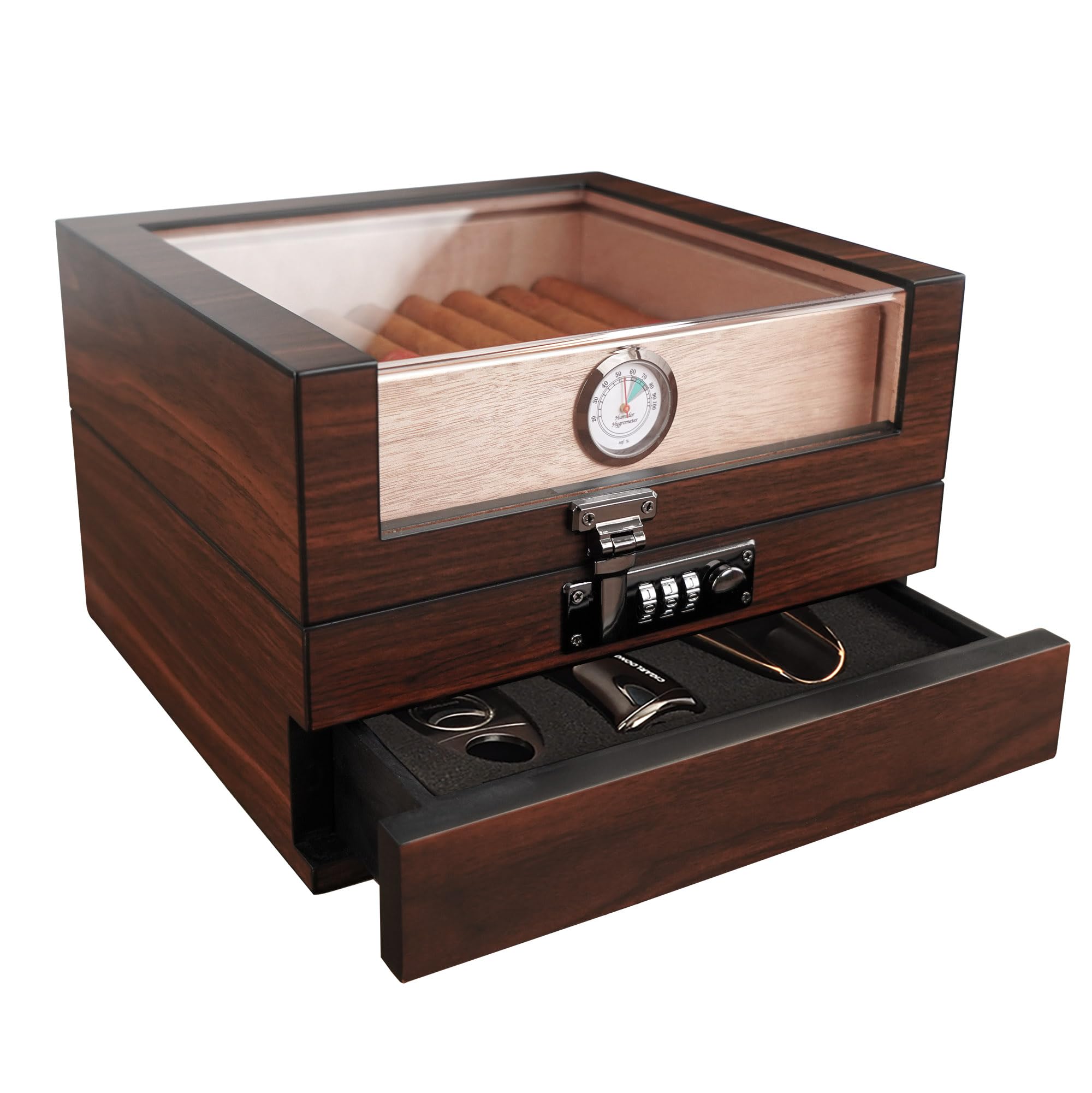Photo 1 of TUTUNES&Wudytim Cigar Humidor, Handcrafted Top 270° Spanish Cedar Cigar Box with Easy Humidification System, Accurate Hygrometer for 25 Cigars (25-60 Cigars)