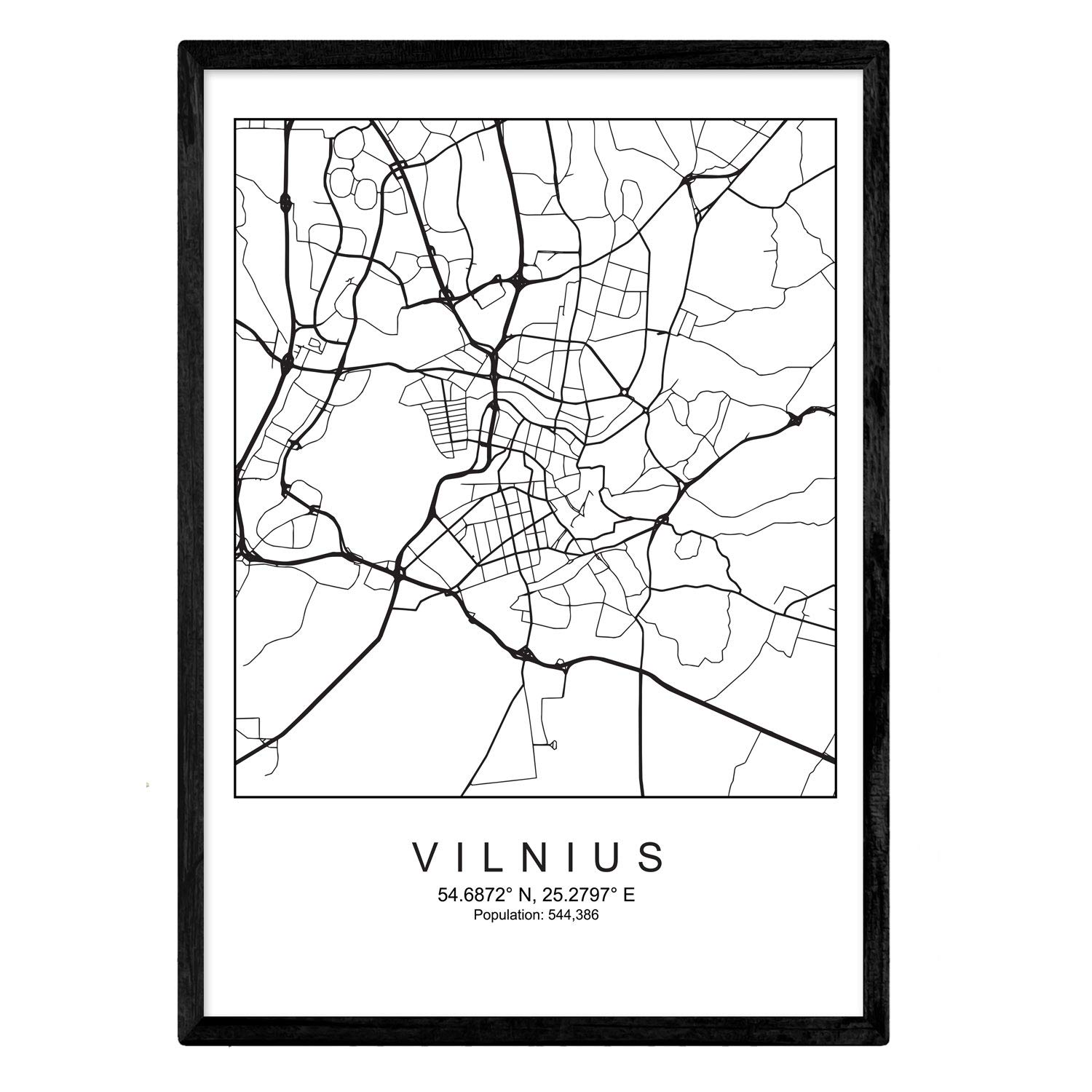 Nacnic Print city map Vilnius Scandinavian style in black and white. Poster A4 Printed paper No 250 gr. Paintings, prints and posters for living room and bedroom