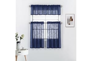 DIAMOND HOME LINENS 3 Piece Linen Semi Sheer Kitchen Window Curtain Tiers and Valance Set, Navy Blue.