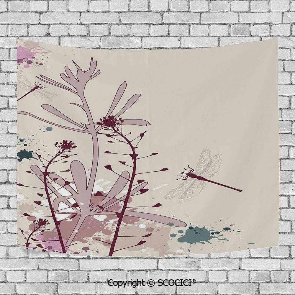 SCOCICI Wall Tapestry Hanging 3D Printing Tree Tapestry Wall TapestryLiving Room Bedroom,Dragonfly,Grunge Style Design Flowers Leaves and Bugs Flies Wings Image,Pink Burgundy and Blue