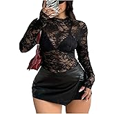 SHENHE Women's Plus Size Tops Lace Long Sleeve Mock Neck See Through Sheer Mesh Tee Shirt Tops Going Out