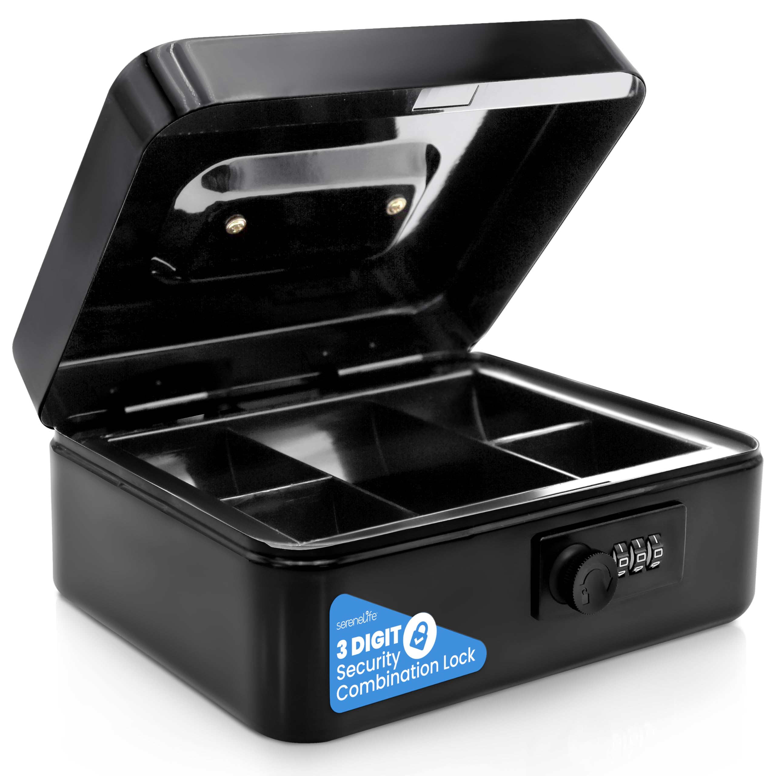 SereneLife Money Tin Lock Box, Cash Safe – 8 Inch Metal Cash Box with Combination Lock and Money Tray Black