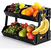 Briwooody 2 Tier Fruit Basket for Kitchen Counter Fruit Storage Large Black Wood Vegetables Basket with Banana Hooks Bowl Stand Holder Snack Organizer Countertop Onion Bread Pantry