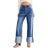 Flvsun Women's High Waisted Baggy Cuffed Jeans Casual Straight Leg Boyfriend Denim Pants with Deep Pockets