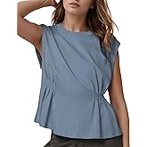 Watashi Women Summer Babydoll Tops Casual Cap Sleeve Peplum Tunic Shirt Dressy Pleated Tops Blouses