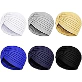 JaGely Turbans for Women Stretch Slouchy Head Beanie Cover Pre-Tied Knot Twisted Pleated Headwrap, Assorted Colors (Khaki, Black, White, Dark Blue, Light Gray, Navy)