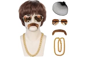 JoneTing Disco Wig for Men 5pcs Set 【1 Wig+1 Chain+1 Mustache+1 Glasses +1 Wig Cap】 Mens 70 wig 80s Disco Wig Short Dark Brown Wigs Disco Party Wig for Men Short Brown Wavy Wigs 70s 80s Costume Wigs