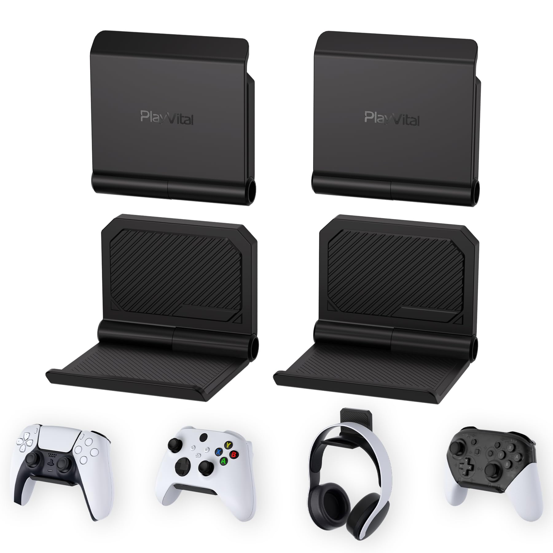 PlayVital 4 Pack FOLD Controller Holder Wall Mount for PS5 PS4 Xbox Switch Pro Headset, Universal Gaming Acessories Controller Organizer Headphone Stand - Foldable Anti-Slip Strong Adhesive, Black