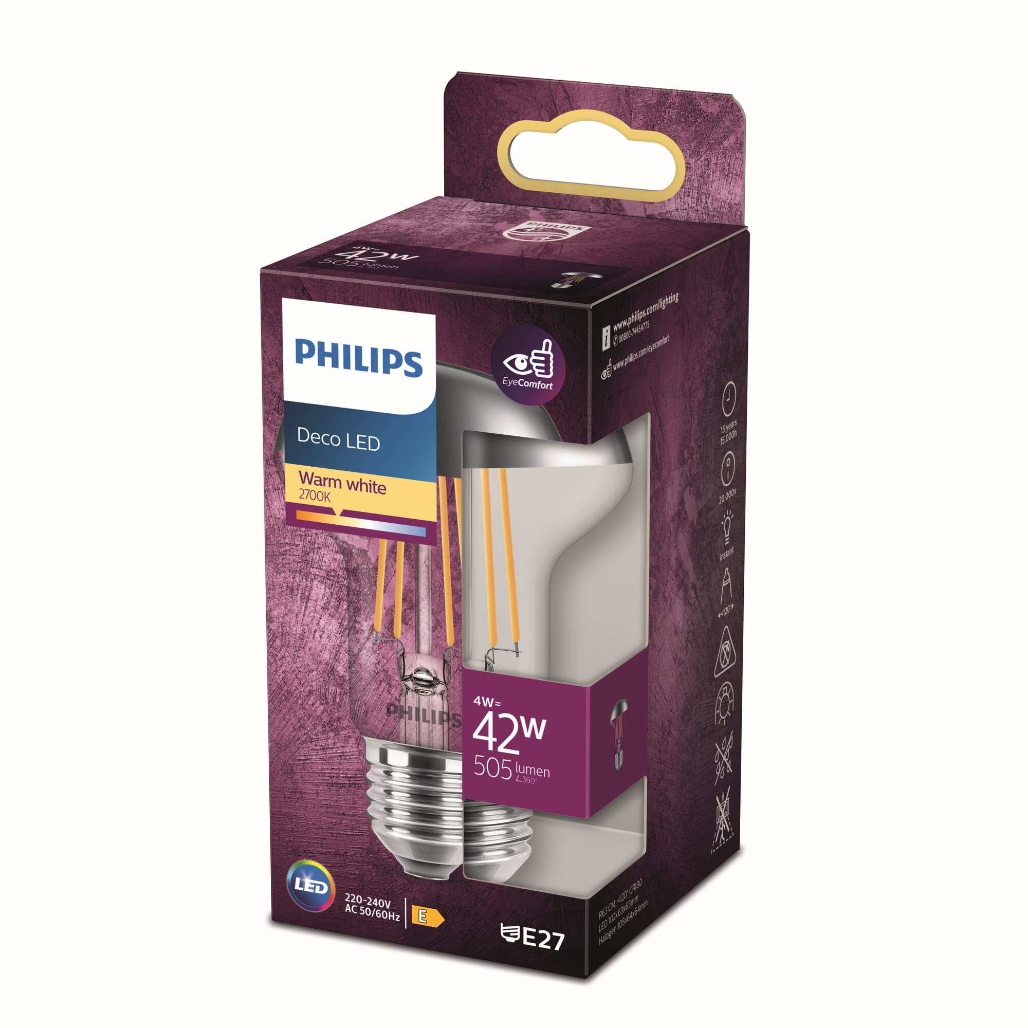 Philips LED Premium Classic Reflector Spot [E27 Edison Screw] 4W - 42W Equivalent, Warm White (2700K), Non-Dimmable.