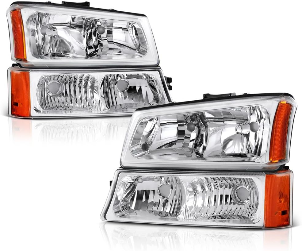 [4-Piece Set] Chrome Bezel Headlight + Front Parking Turn Signal Light Bumper Lamp Housing Assembly Replacement For 2003-2006 Chevy Avalanche Silverado 1500 2500 3500, Driver & Passenger Side
