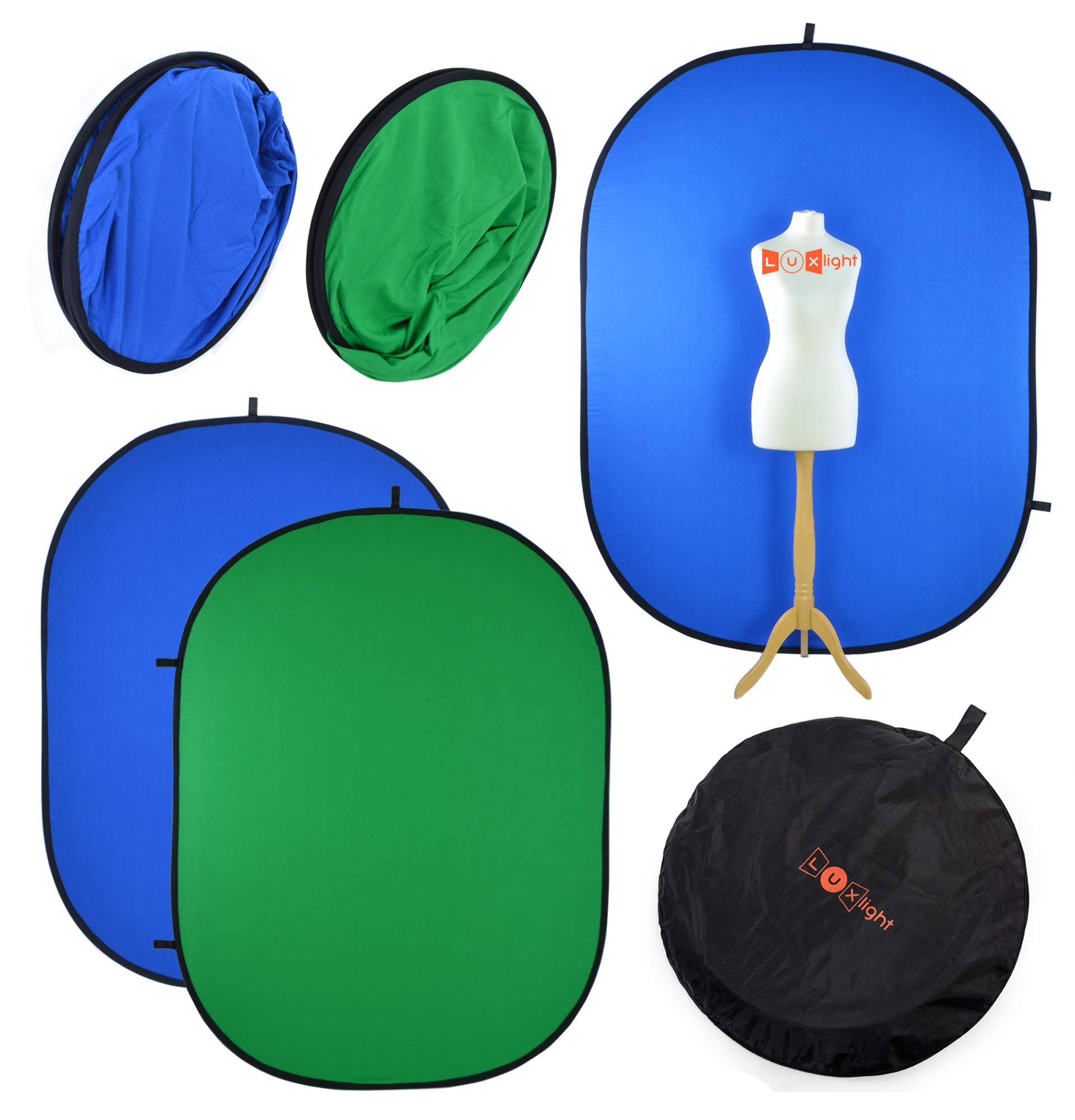 Photography Backdrop Chromakey Green & Blue | Luxlight® | Reversible Collapsible Muslin Pop Up Video Background | Vlogging Portrait YouTube Filming Backdrop Chroma Key (150x200cm, Green/Blue)