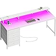 Huuger 63 Inch Computer Desk with Power Outlets and LED Lights, Gaming Desk with 4 Drawers, Office Desk with Monitor Stand, Study Desk Work Desk for Home Office, White