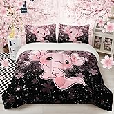 QOOMO Cartoon Axolotl Sherpa Fleece Comforter Set Girls Kawaii Bedding Set Full/Queen Size for Kids Teens Cute Cherry Blossoms Bedding Design 3 Piece with 1 Comforter 2 Pillowcases