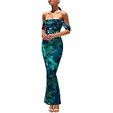 PRETTYGARDEN Cocktail Dresses for Women 2026 Summer Floral Off Shoulder Ruched Mesh Elegant Wedding Guest Maxi Dress