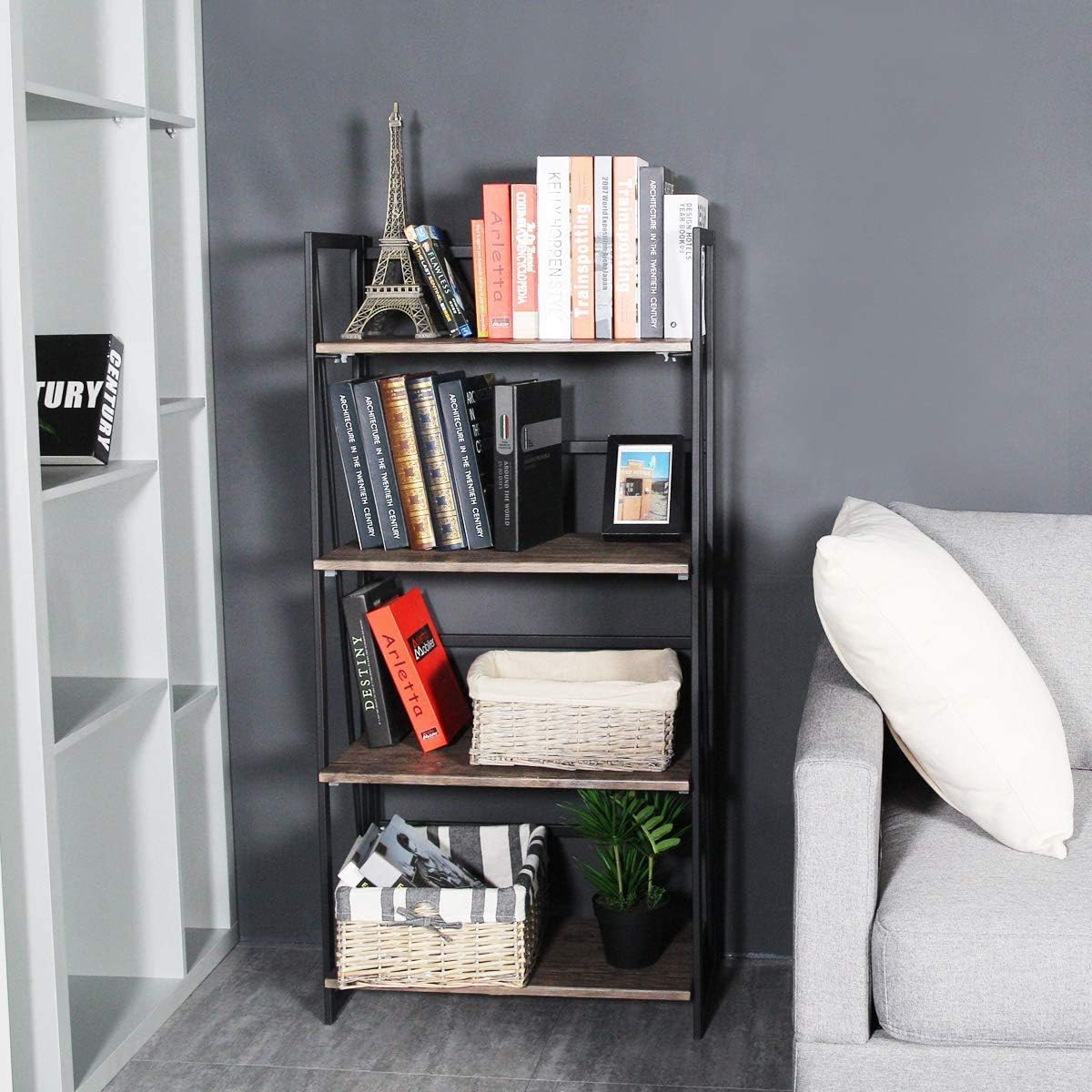 Coavas Folding Bookshelf Home Office Industrial Bookcase No Assembly Storage Shelves Vintage 4 Tiers Flower Stand Rustic Metal Book Rack Organizer, 23.6 X 11.8 X 49.4 Inches: Furniture & Decor