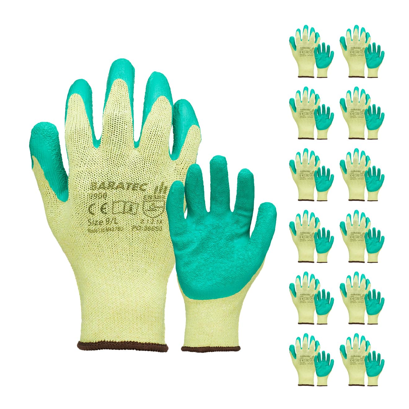 Baratec Pack of 12 Work Gloves, Latex Gloves, Gardening Gloves, Mens Womens, Waterproof Latex Grip, Safety Gloves, Working Gloves, Heavy Duty Gloves, Builders, PPE, Protective Gloves - Size 8/M