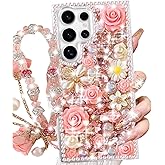 Changjia for Samsung Galaxy S25 Ultra Glitter Bling Case,Cute Luxury 3D Sparkle Crystal Rhinestones Flowers Diamond Pearl with Lanyard Wrist Strap Women Girls Case for Galaxy S25 Ultra 6.9 Inch (Pink)