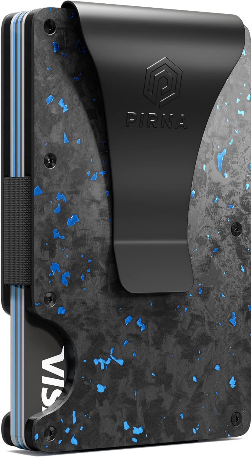 PIRNA Slim RFID Blocking Minimalist Card Wallet for Men, Thin Front Pocket Wallet with Money Clip, Real Forged Carbon Wallets for Men in UK with Gift Box - Blue Carbon Forded