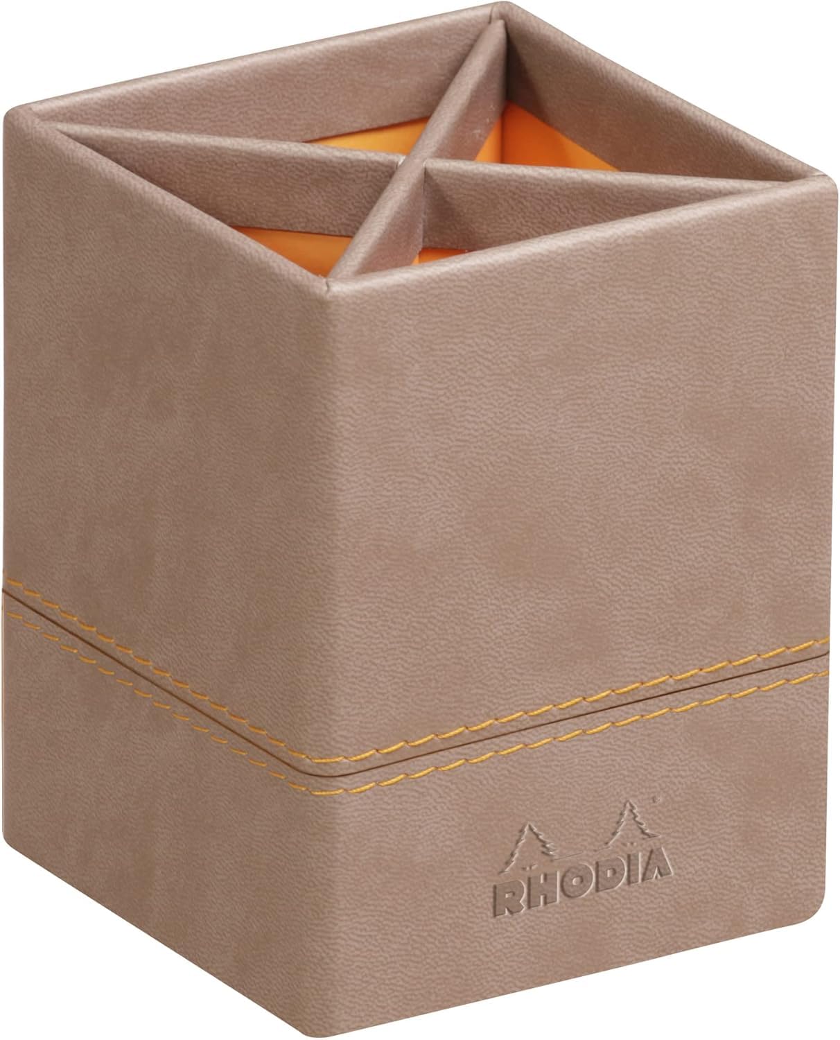 RHODIA 318814C - Taupe Pencil Pot - 8x8x11 cm - Orange Saddle Stitching - Faux Leather Exterior - Rhodiarama Home Office Collection - Office Organization & Designer Storage