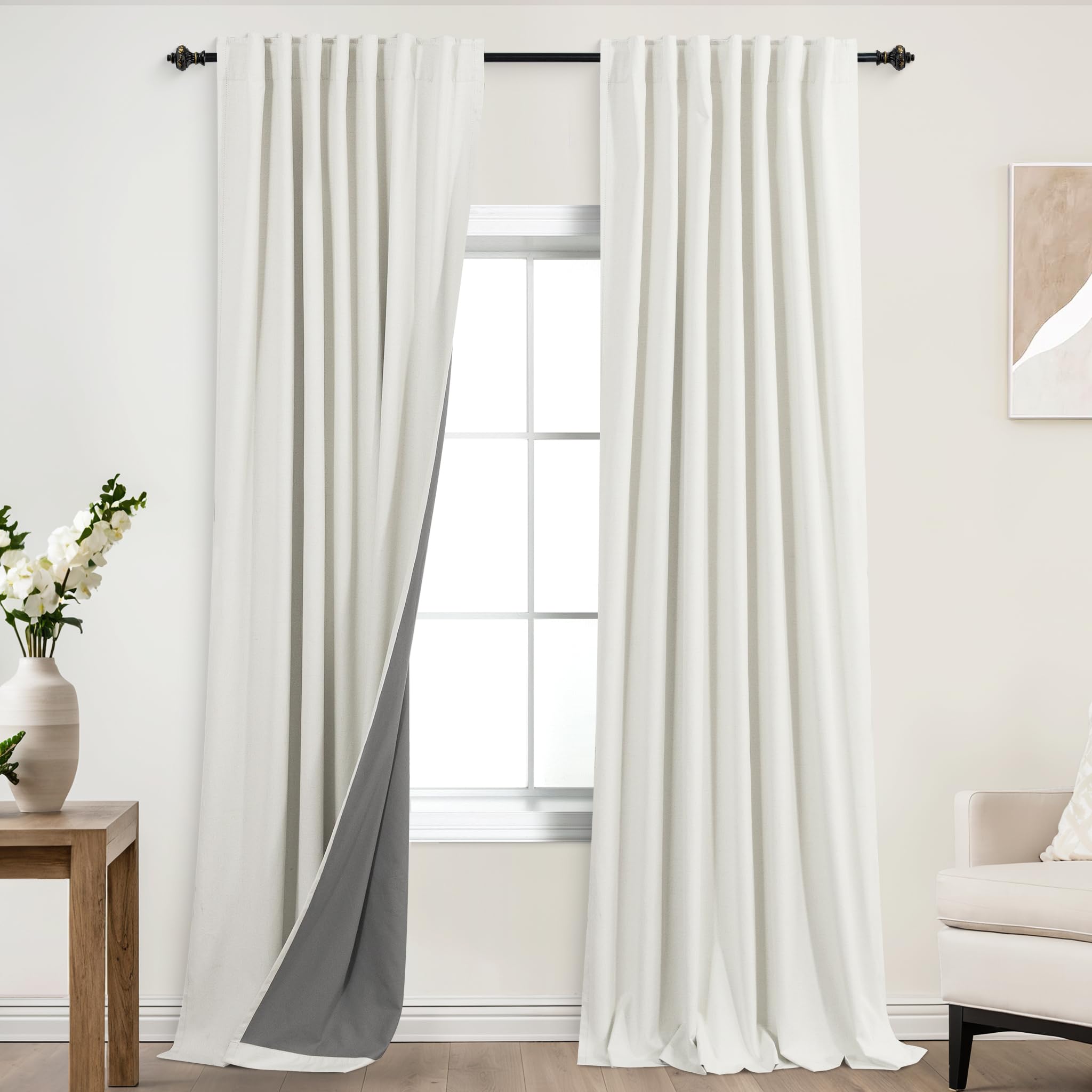 Photo 1 of KOUFALL Blackout Curtains 96 Inches Long,Linen Textured Darkening Black Out Pleated Drapes for Living Room 2 Panel Set,Cream Off White Ivory