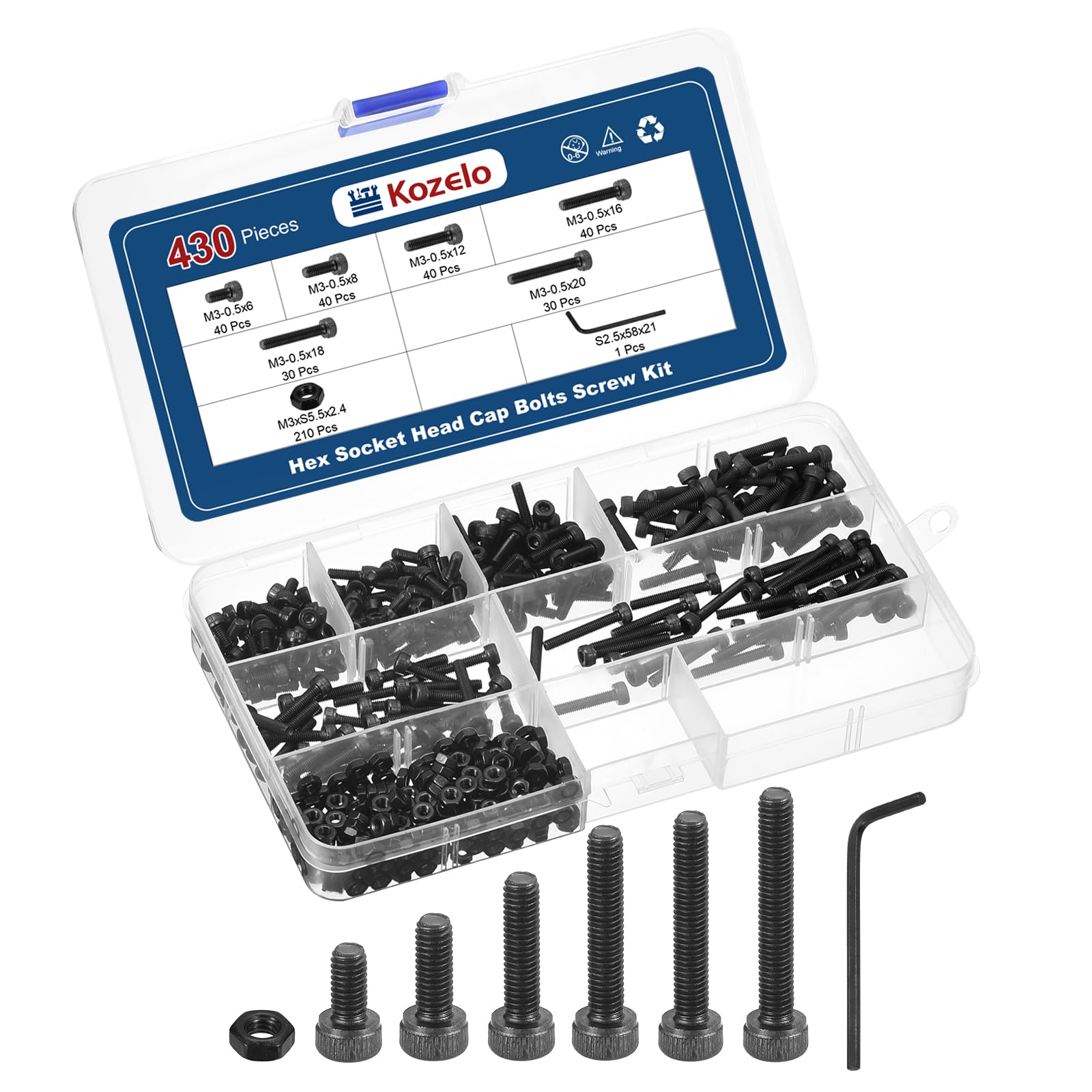 Kozelo 430pcs M3 Socket Head Cap Screws Bolts Nuts Assortment Kit - [M3x6/8/12/16/18/20mm] Alloy Steel Fully Threaded Black Oxide 12.9 Internal Hex Screw for 3D Printer Use, with Wrench — image 1