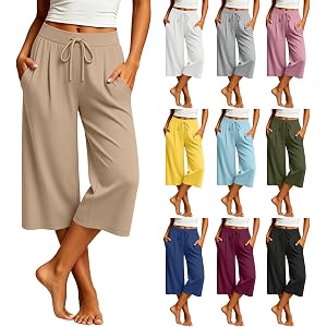 Capri Pants for Women Dressy Casual Wide Leg Palazzo Lounge Cropped Pants | Baggy Flowy Drawstring Elastic Waist Pedal Pusher