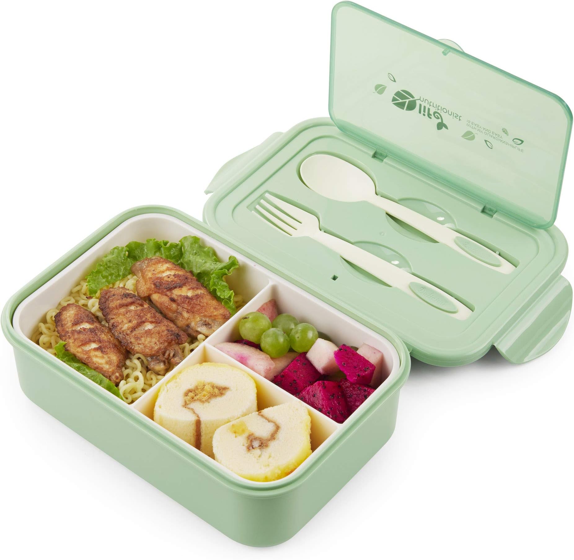 Bento Box for Kids & Adults, Lunch Container with Spoon & Fork,Reusable 3-Compartment Divided Food Storage Container Boxes, On-The-Go Meal and Snack Packing(Green)