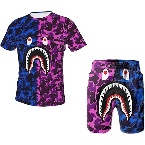 2021 Mens Summer Bape Shark Trendy Camouflage Short-Sleeved T-Shirt Beach Pants Swim Trunks Suit Set