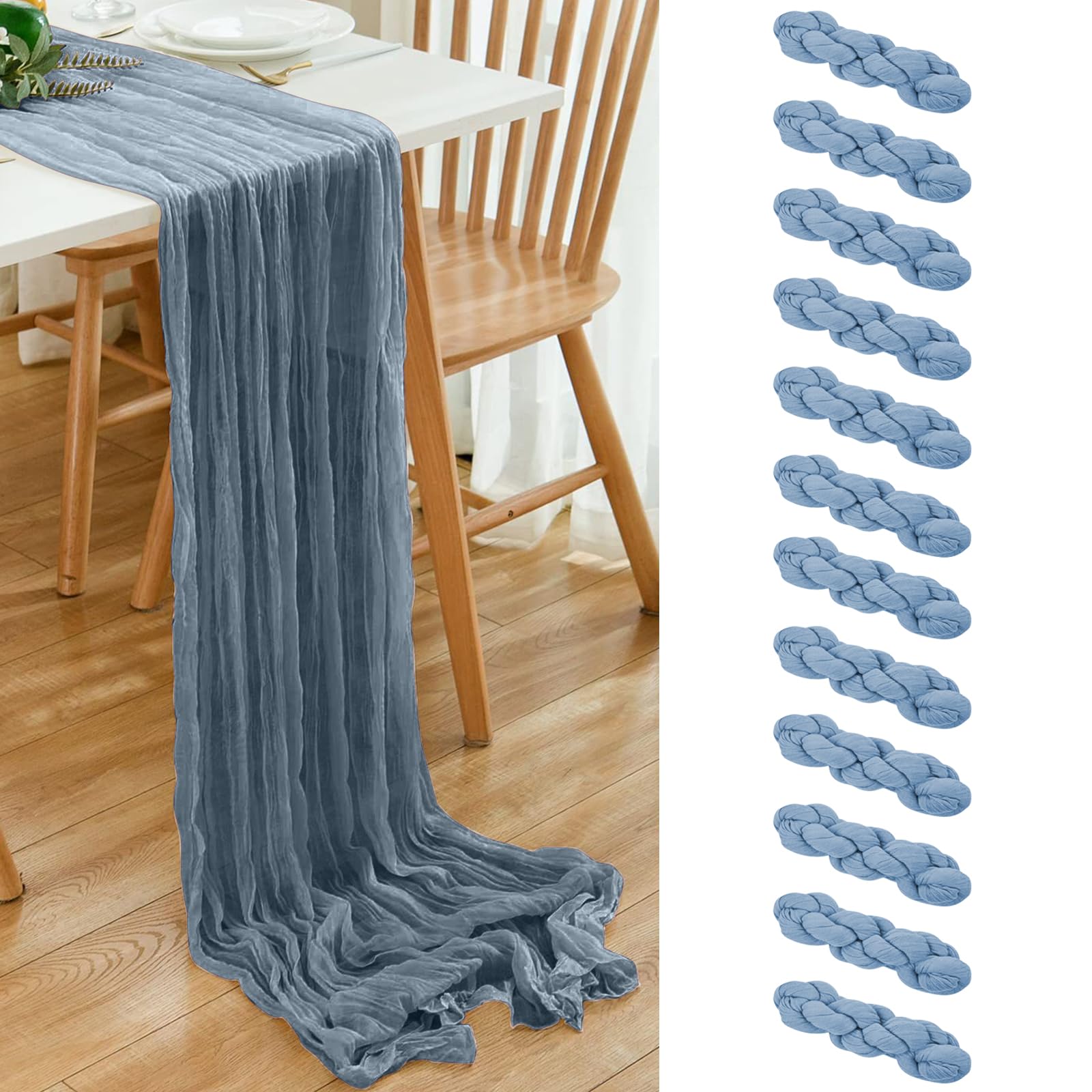Photo 1 of 12 Pack Dusty Blue 10 Ft Cheesecloth Table Runner 21x120 Inch Boho Wrinkled Sheer Romantic Gauze Decor for Wedding, Bridal Shower, Birthday Party