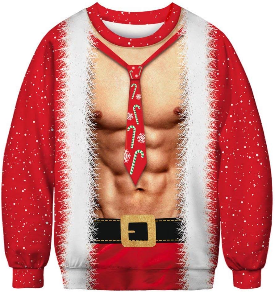 Men's Ugly Christmas Sweater 3D Print Cool O Neck Sweatshirt Xmas Macho Muscle Long Sleeve Shirt