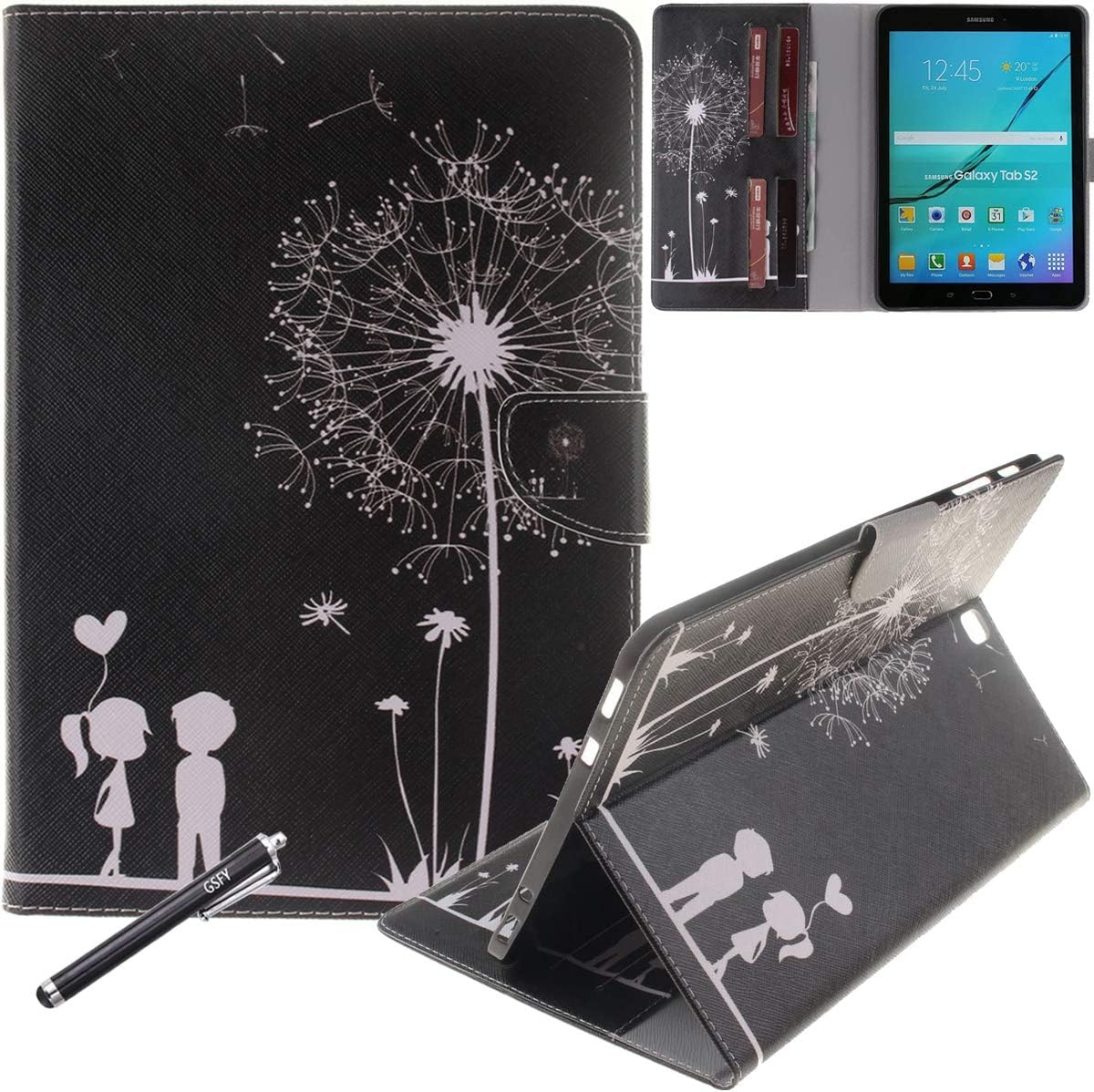 Galaxy Tab S2 9.7 Case, Newshine Synthetic Leather Stand Folio Smart Case with Card Slot Holder&Money Pocket for Samsung Galaxy Tab S2 9.7 inch (SM-T815/T810) - Black Dandelion