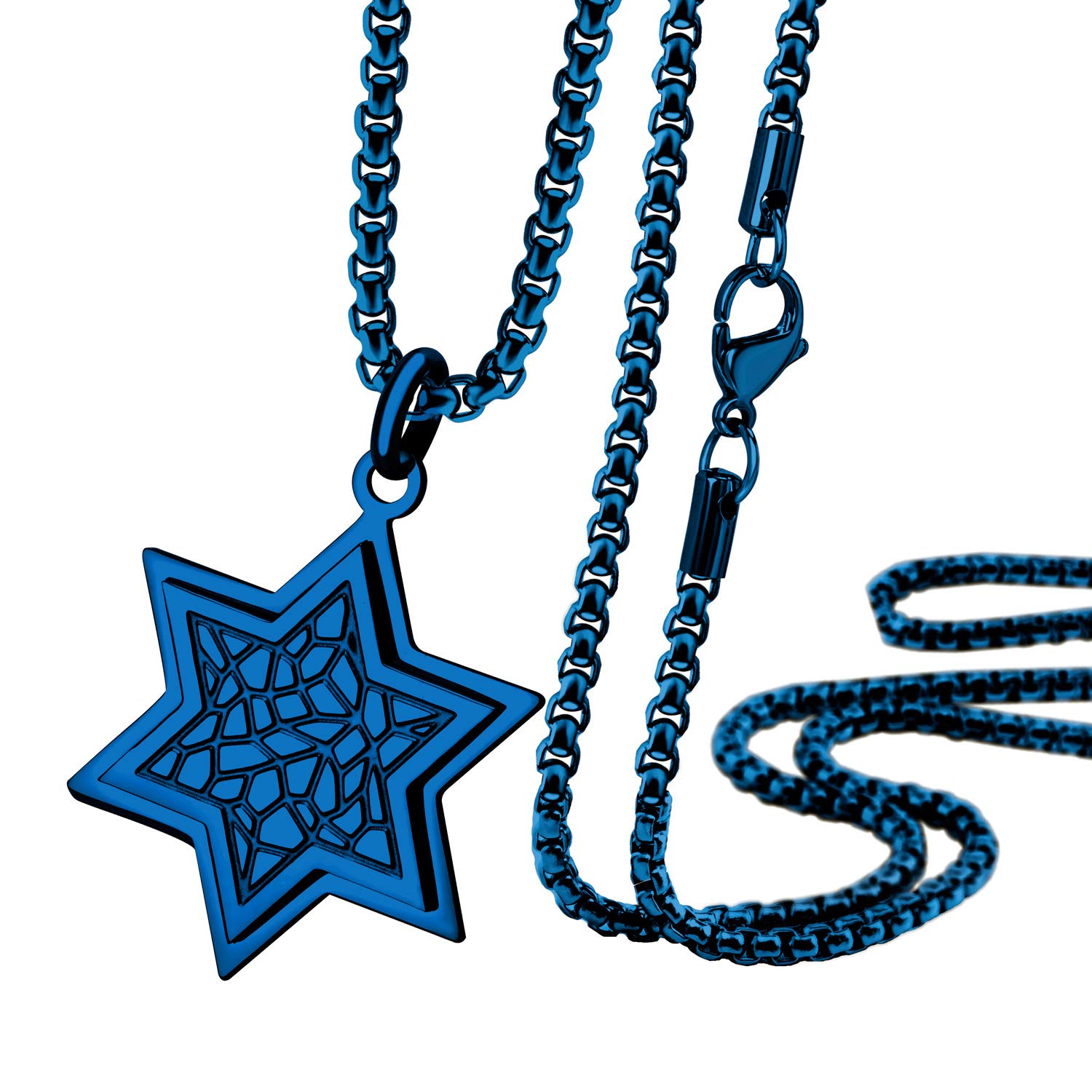 555Jewelry Stainless Steel Star of David Necklace for Men & Women, Box Chain Patterned Star Of David Necklace for Women, Small Jewish Star Necklace, Mens Jewish Star Necklace, 24 Inch, Blue