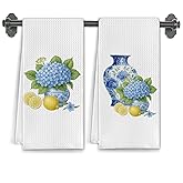 Elefeltclave Chinoiserie Hydrangea Lemon Kitchen Towels, Blue and White Porcelain Flower Dish Tea Towels for Kitchen, Grandmillennial Floral Hand Towels for Bathroom, 16x24 Inch Set of 2