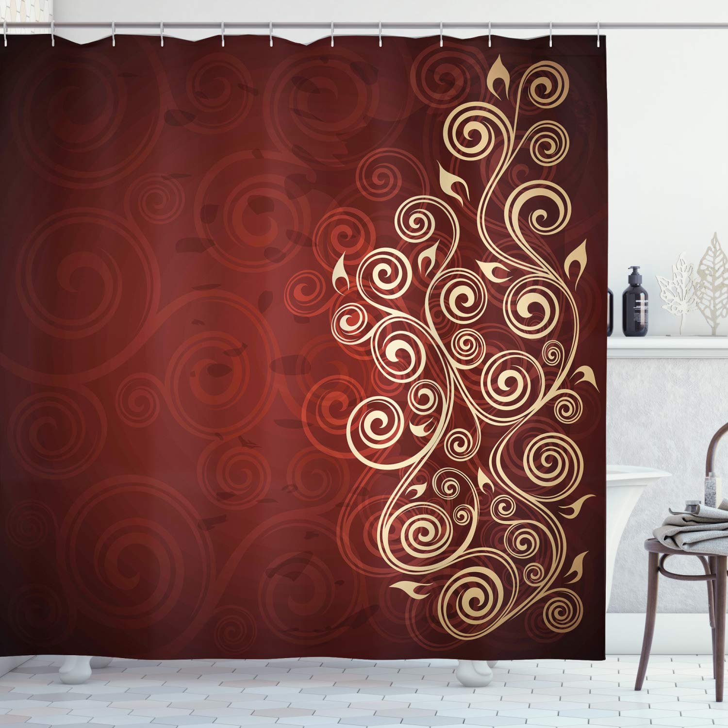 ABAKUHAUS Burgundy Shower Curtain, Floral Swirls Ivy Image Ombre Details Grunge Backdrop Flower Artwork, Cloth Fabric Bathroom Decor Set with Hooks, 94 Inches, Cream and Ruby
