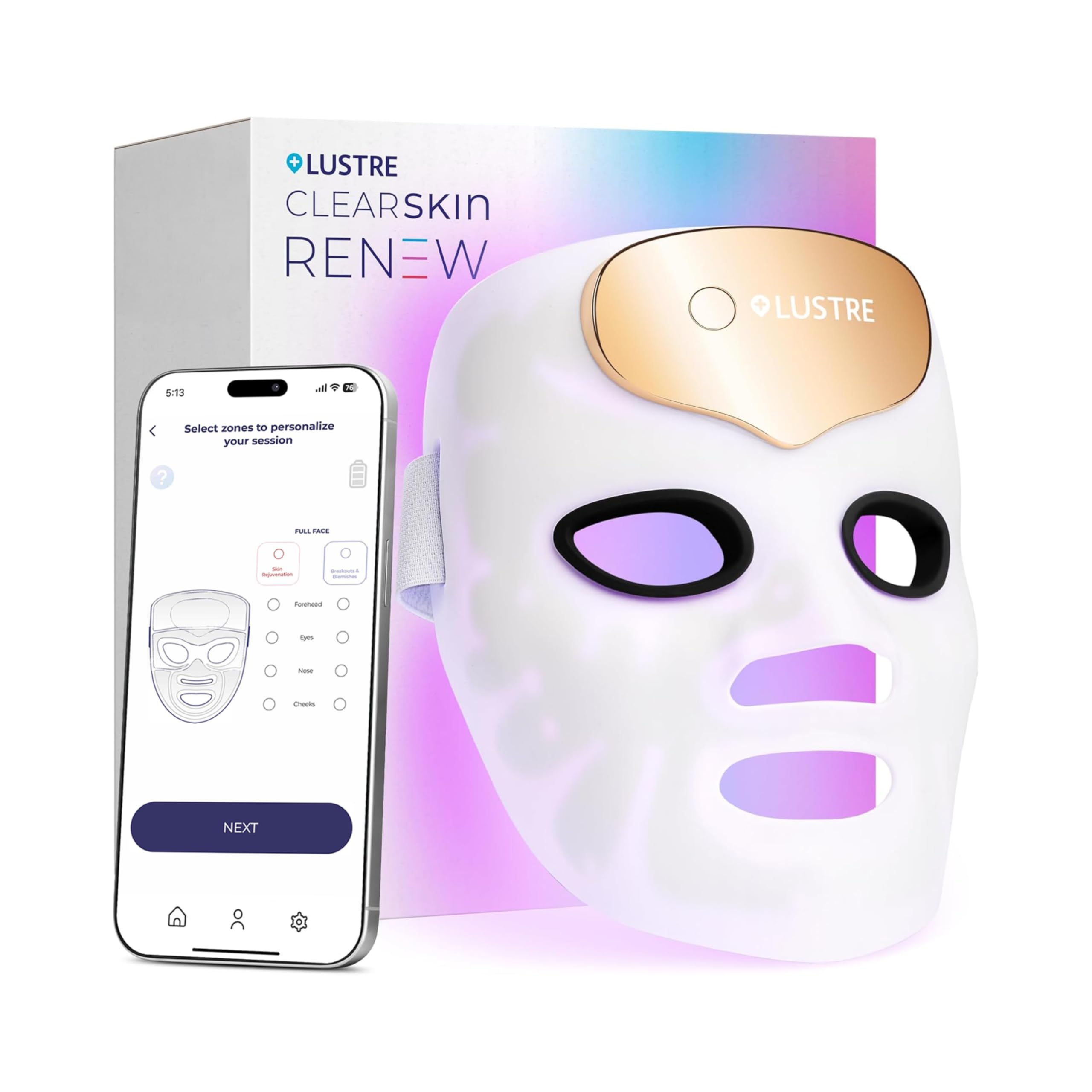 LUSTRE® Renew Pro LED Face Mask for Anti-Ageing - Advanced LED Light Therapy Facewear for Wrinkles & Collagen Support - Blue, Red & Infrared Light - Firm, Smooth & Refine Skin Texture