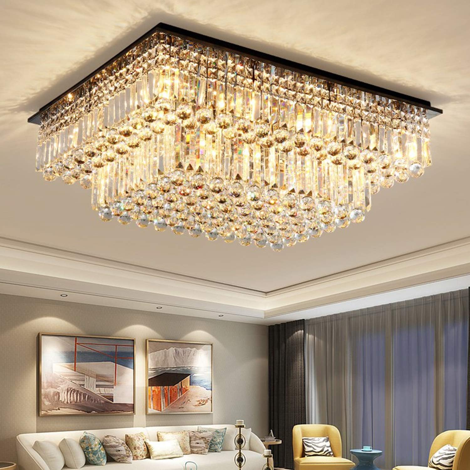 MoooniModern Rectangular Crystal Chandelier Lighting Raindrop Flush Mount Ceiling Light Fixture for Dining Rooms Living Rooms Hotel Large Rectangle Chandelier L40 x W31.5 x H14