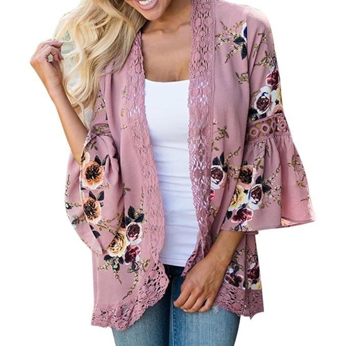 OVERDOSE Fraun Chiffon-Spitze Blumen Öffnen Sie Cape Tops Casual Mantel Lose Bluse Kimono Jacke Cardigan