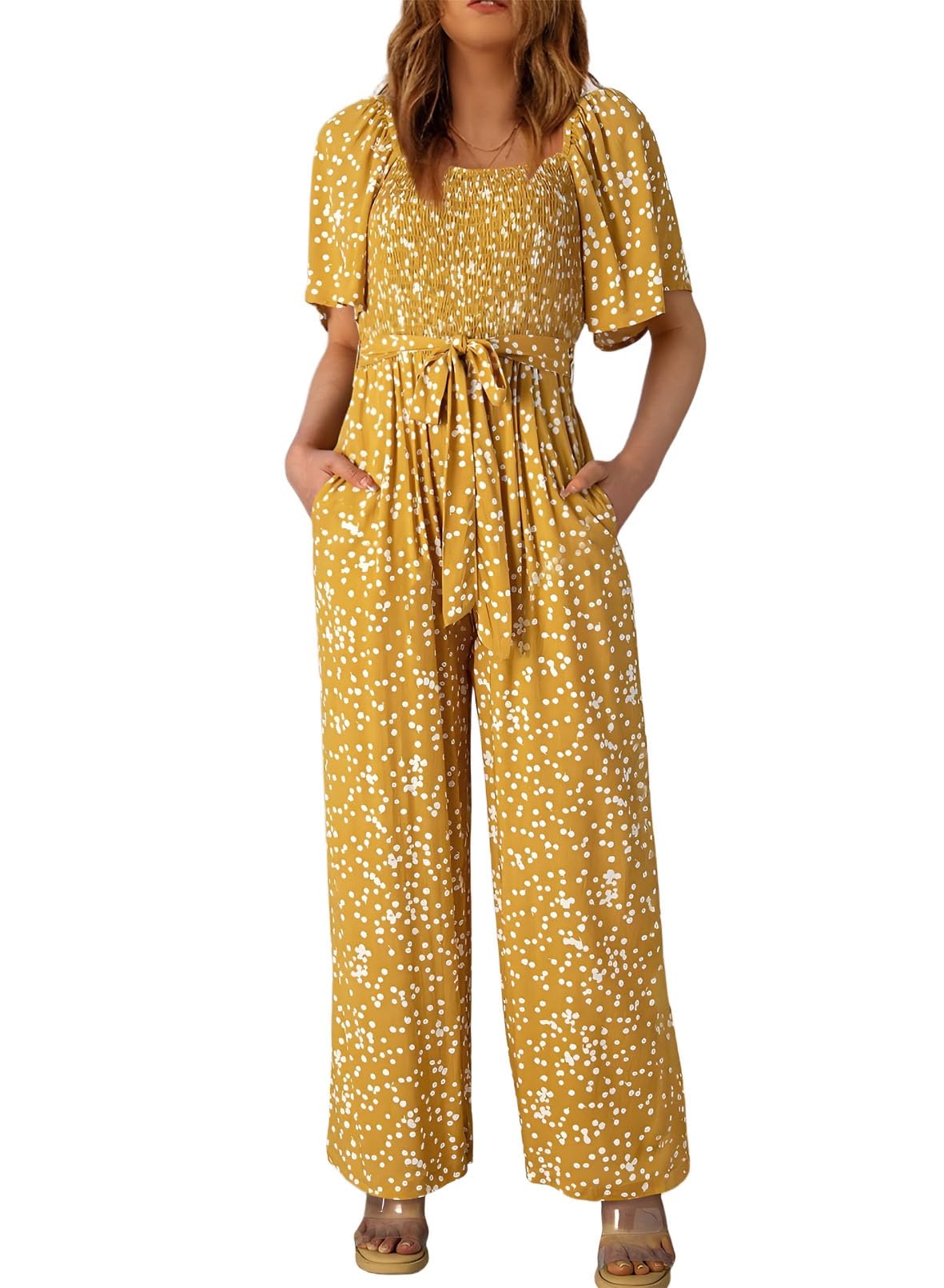 Photo 1 of (SMALL) (BAGGED) (USED/FAIR) Happy Sailed Womens Jumpsuit Casual Overalls Summer Short Sleeve High Waited Floral Print Slim Fit Loose Wide Leg Rompers with Pockets Beach Vacation Outfits Fashion 2025 Yellow Small