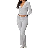 iGENJUN Women's 2 Piece Sets Long Sleeve V Neck Crop Top Wide Leg Tracksuits Casual Lounge Set Matching Sets Fall Outfits