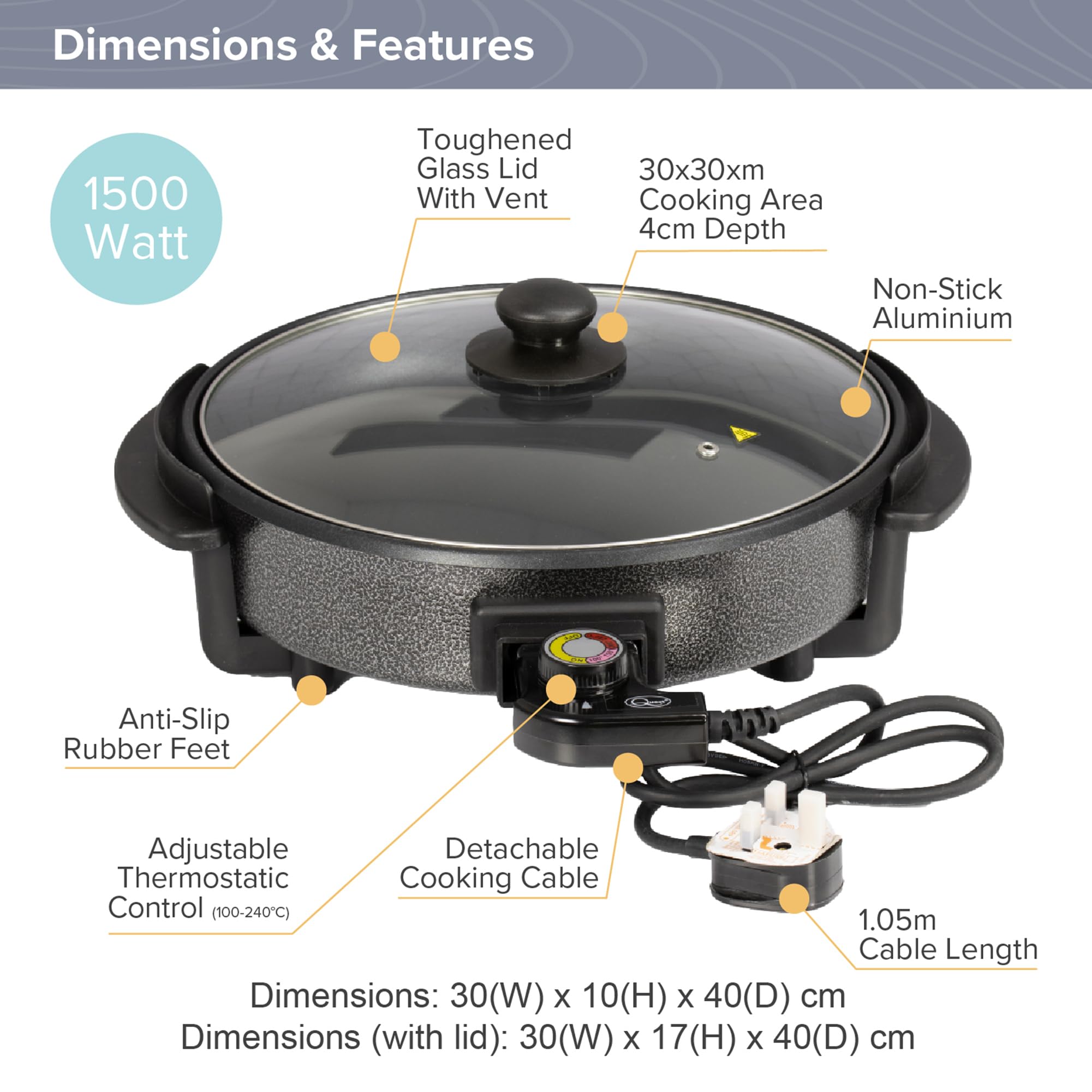 Quest 35410 30cm Multi-Function Electric Cooker Pan with Lid/Adjustable Thermostatic Control/Non-Stick Aluminium / 30 x 30cm Surface/Detachable Power Cable For Serving