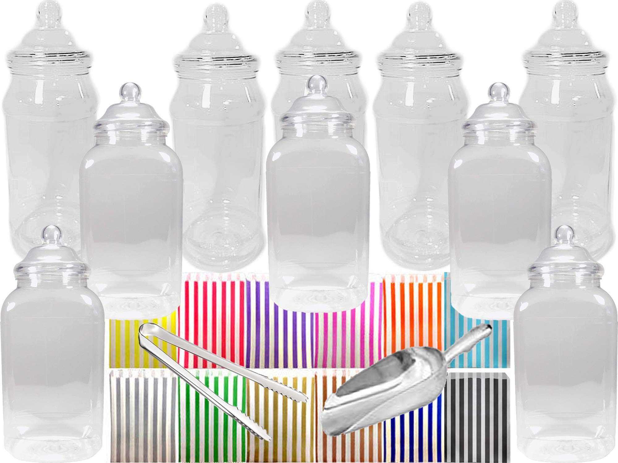 10 x 1L Plastic Sweet Jars, 1 x Tong, 1 x Scoop, 100 x Candy Stripe Bags for Parties, Weddings (Green)