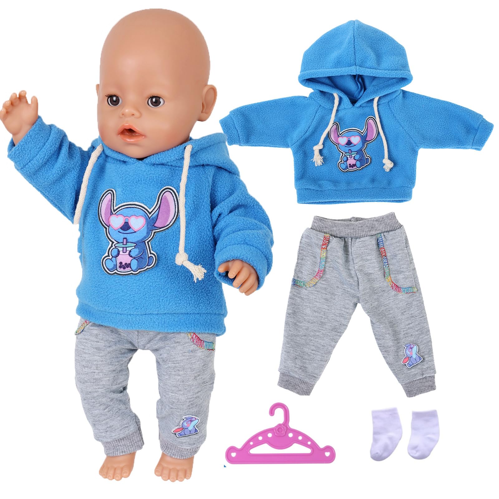 Sweet Baby Doll Clothes for 14-18 Inch Baby Doll, 4 Pcs Blue Puppy Doll Outfits with Hooded Sweatshirt Grey Trousers Socks Hanger Compatible with New Born Baby 35-43 cm Dolls Girls Birthday