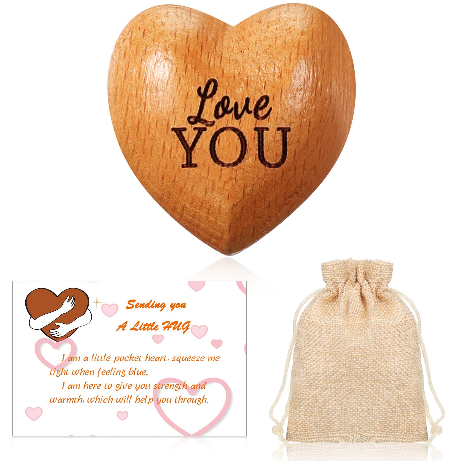 Pocket Hug Gift Little Wooden Heart Ornament with Card and Drawstring Bag Sending Love Gifts for Women Couple Friend Anniversary Wedding Birthday(Love,1.4 x 1.4 x 0.8")