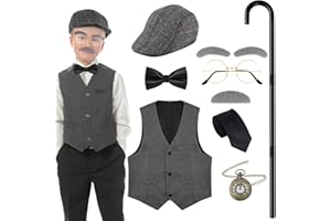 Kavoc 1920s Mens Gatsby Gangster Costume for Boys Grandpa Costume Old Man Hat Vest Glasses for 100 Days of School Cosplay