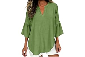 Xiaojmake Women's Cotton Linen Work Blouses Ruffle 3/4 Sleeve Dressy Top V Neck Flowy Gauze Tunic Blouses Business Shirts