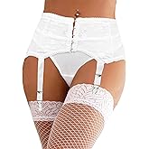 ohyeah Plus Size High Waist Garter Belt Set Lace Mesh Suspender Belt with 6 Vintage Metal Clip for Stockings