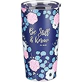 Christian Art Gifts Stainless Steel Double-Wall Vacuum Insulated Travel Mug 18 oz Navy Blue with Pink Floral Tumbler with Lid for Women with Inspirational Bible Verse - Be Still & Know -Psalm 46:10
