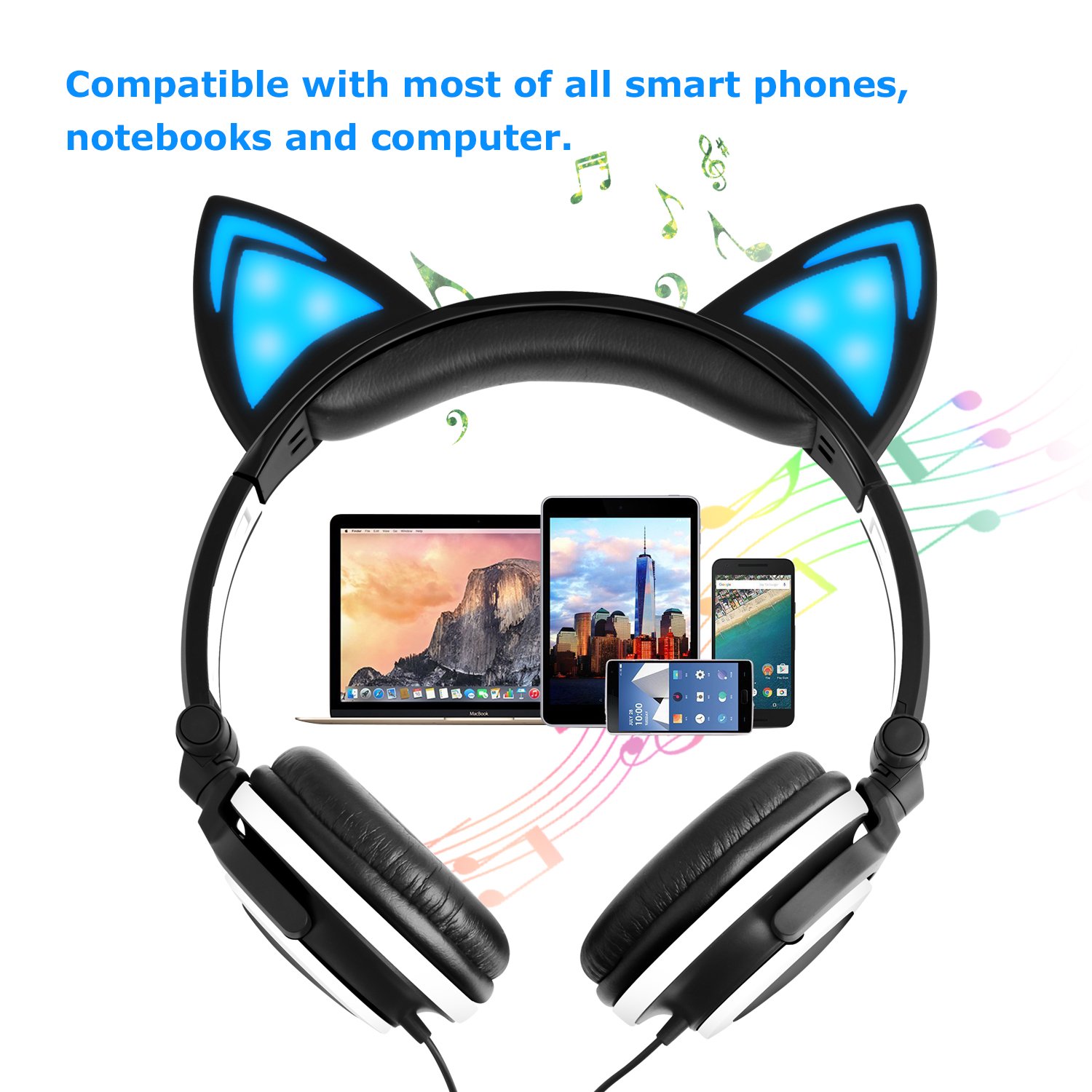 Kids Headphones, Barsone Wired Cat Ear Headphones,Foldable Cat Cosplay Earphone Over Ear Children\'s Headsets With Glowing Light, Girls/Boys/Young people Cute Headphones, Compatible for all smart phones and tablets (Black)