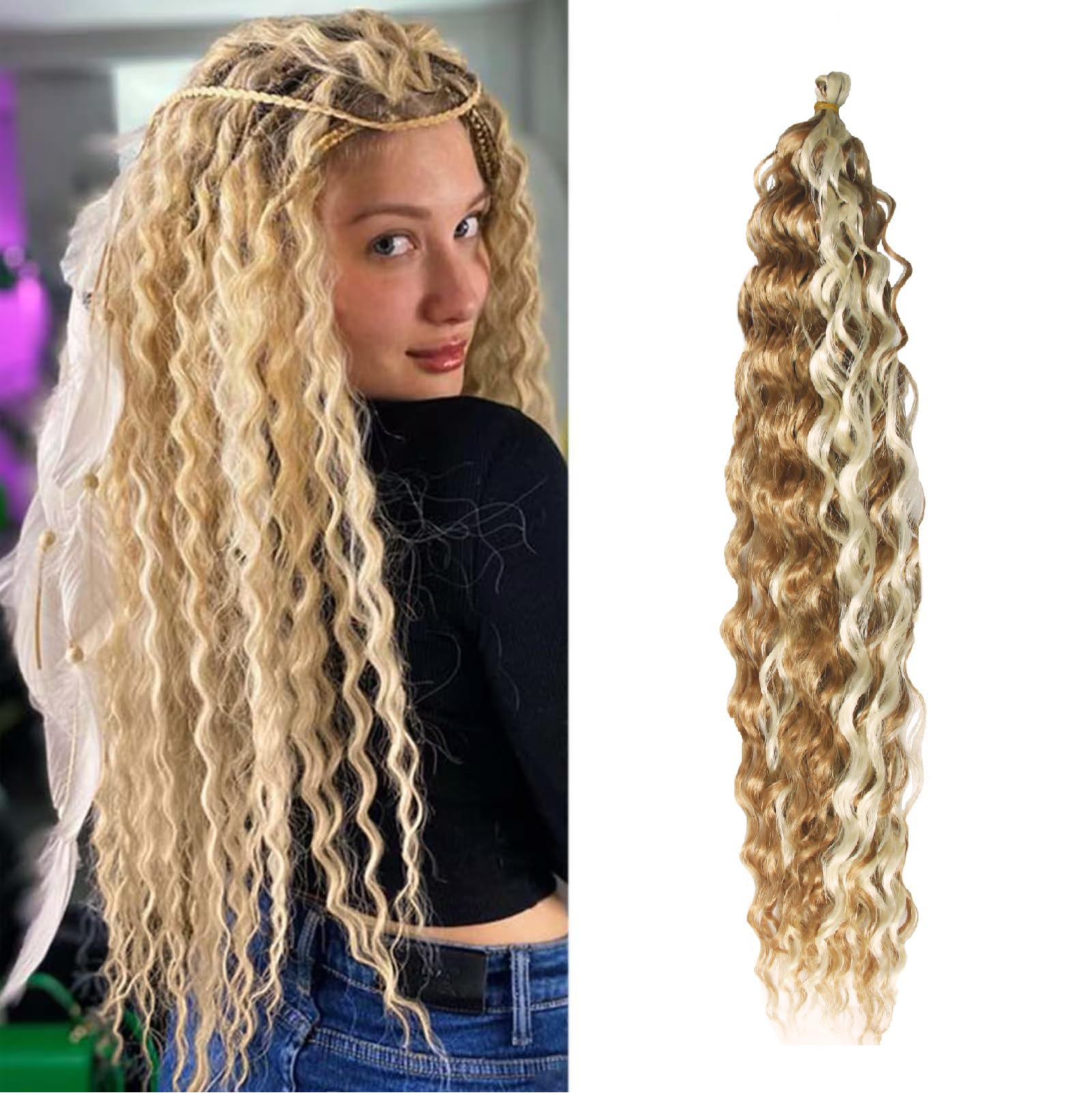 Dsoar Deep Wave Braiding Hair Deep Twist Wavy Synthetic Hair Highlight Curly Hair Extensions for Braids Ocean Wave Hair Bundles 22 Inch 3 Packs, 27/613#